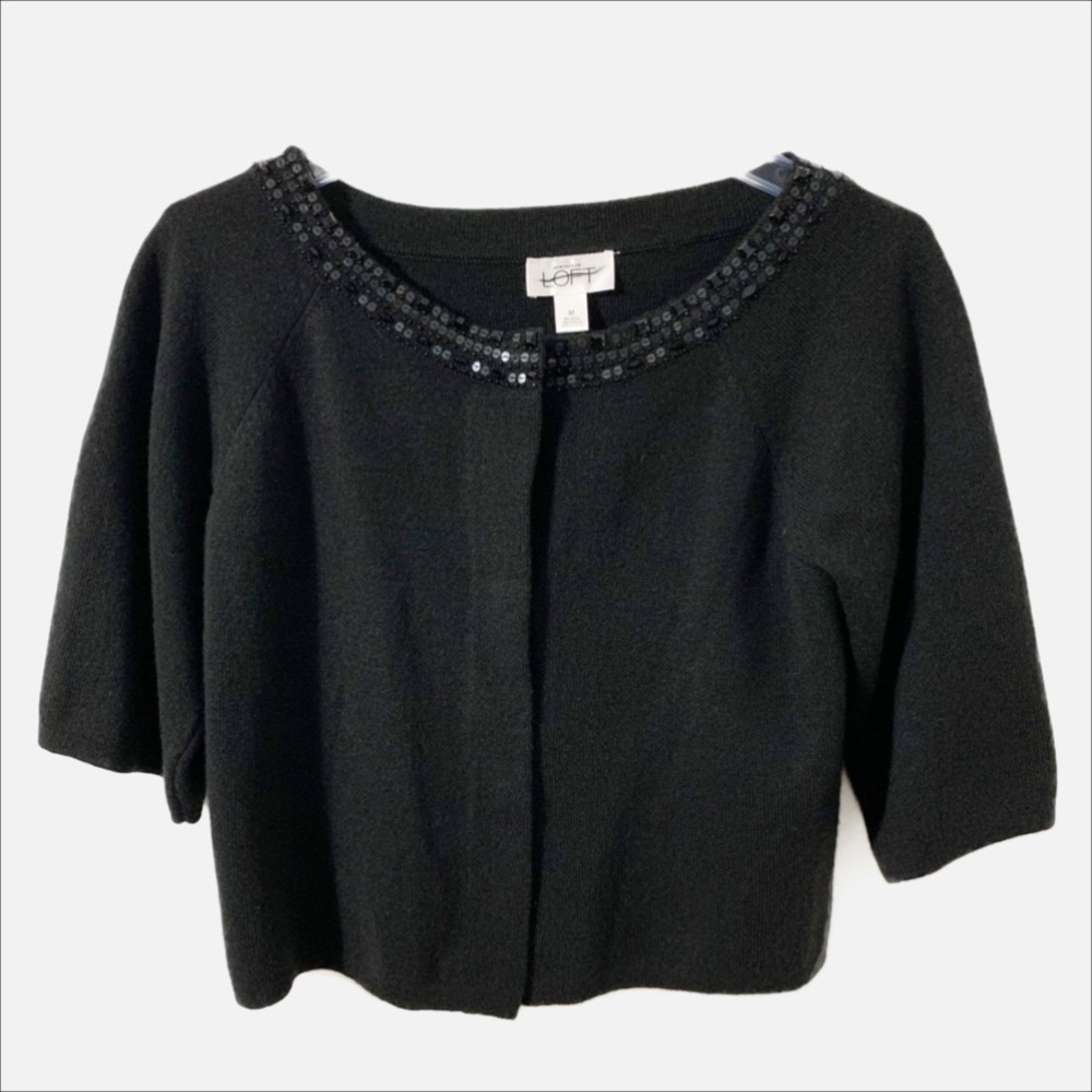 Ann Taylor LOFT Wool Blend Beaded Embellished Around Neck One Button Cardigan 🖤